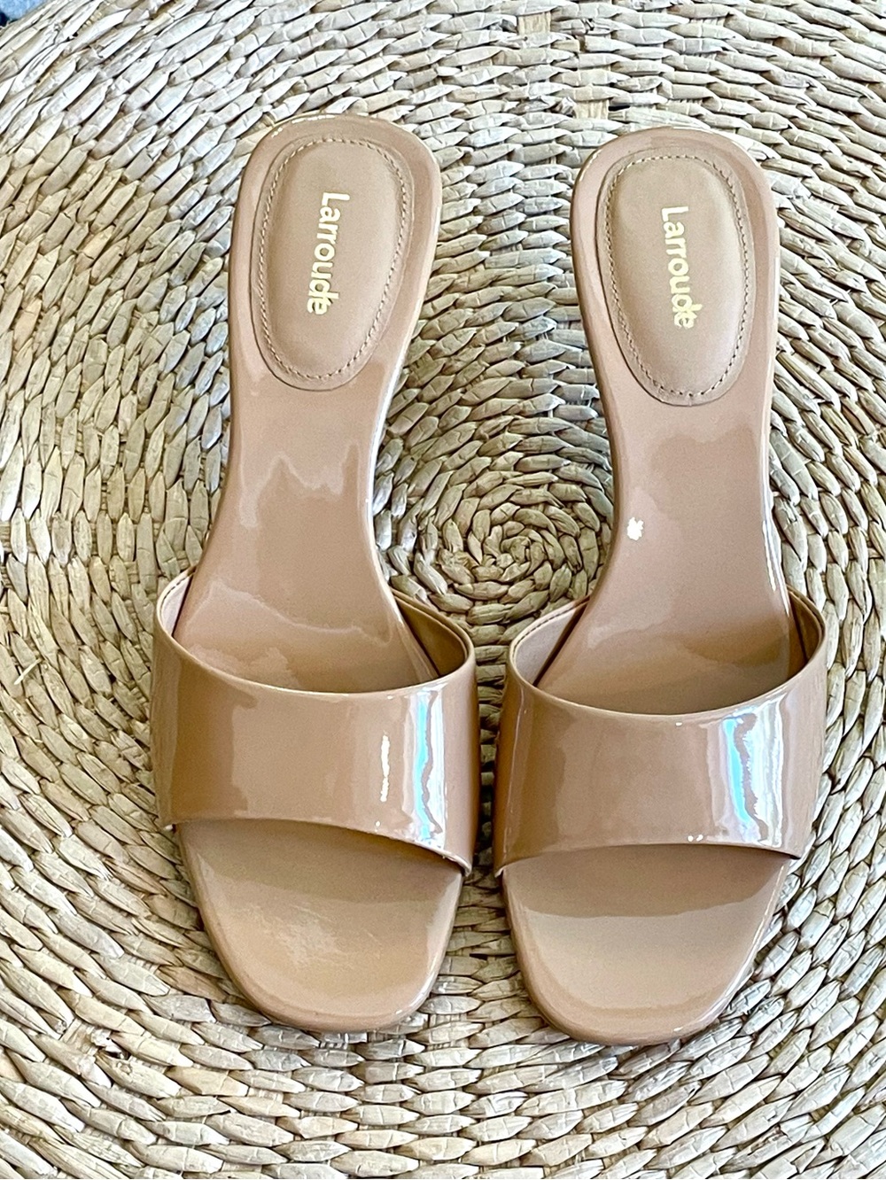 Larroude Nude Patent Slide Mule Sandals